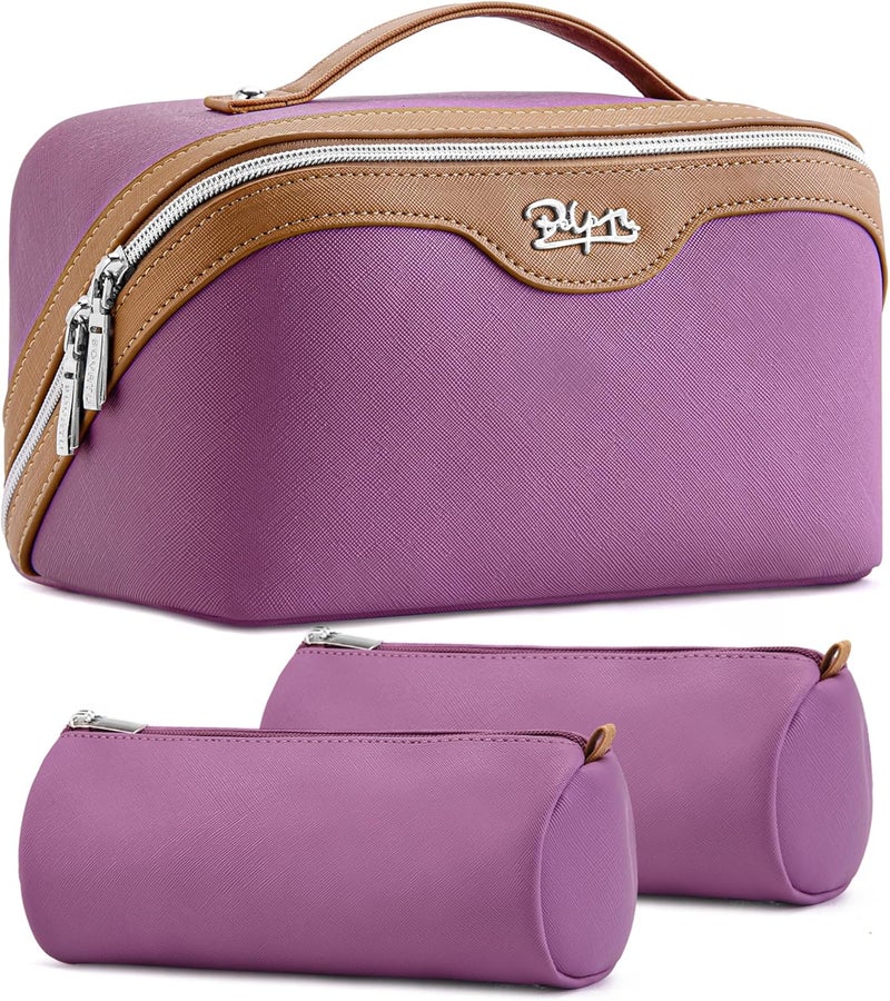 BOYATU Travel Makeup Bag Organizer Cosmetic Bag: 3 Pcs Set Make up Bags for Women with Handle - Waterproof Vegan Leather Toiletry Bags Travel Essentials Pouch with Compartments (A-05-Purple) - Image 1